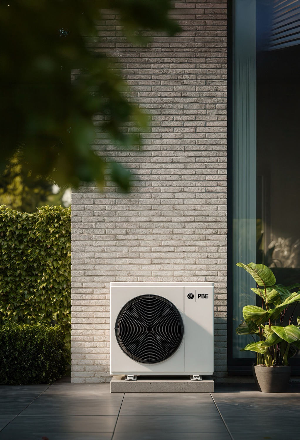PBE Wärmepumpe an einem modernen Wohnhaus